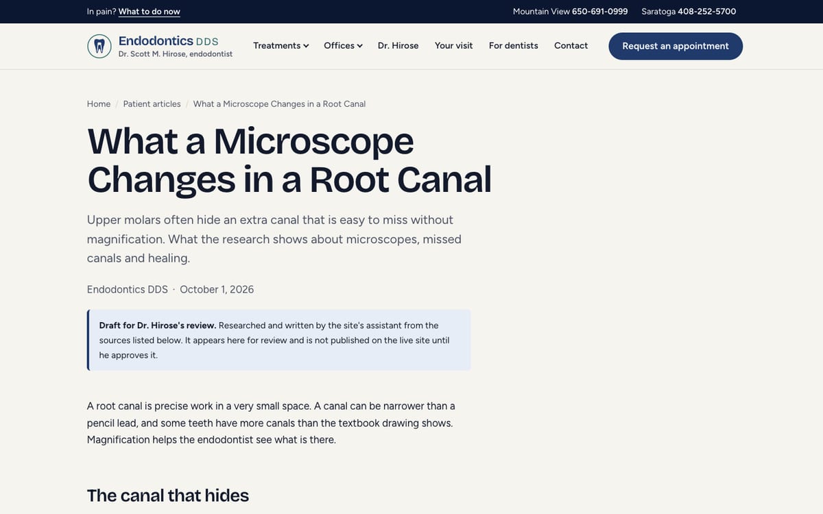 A draft article on the concept site: What a Microscope Changes in a Root Canal, marked as a draft for Dr. Hirose's review