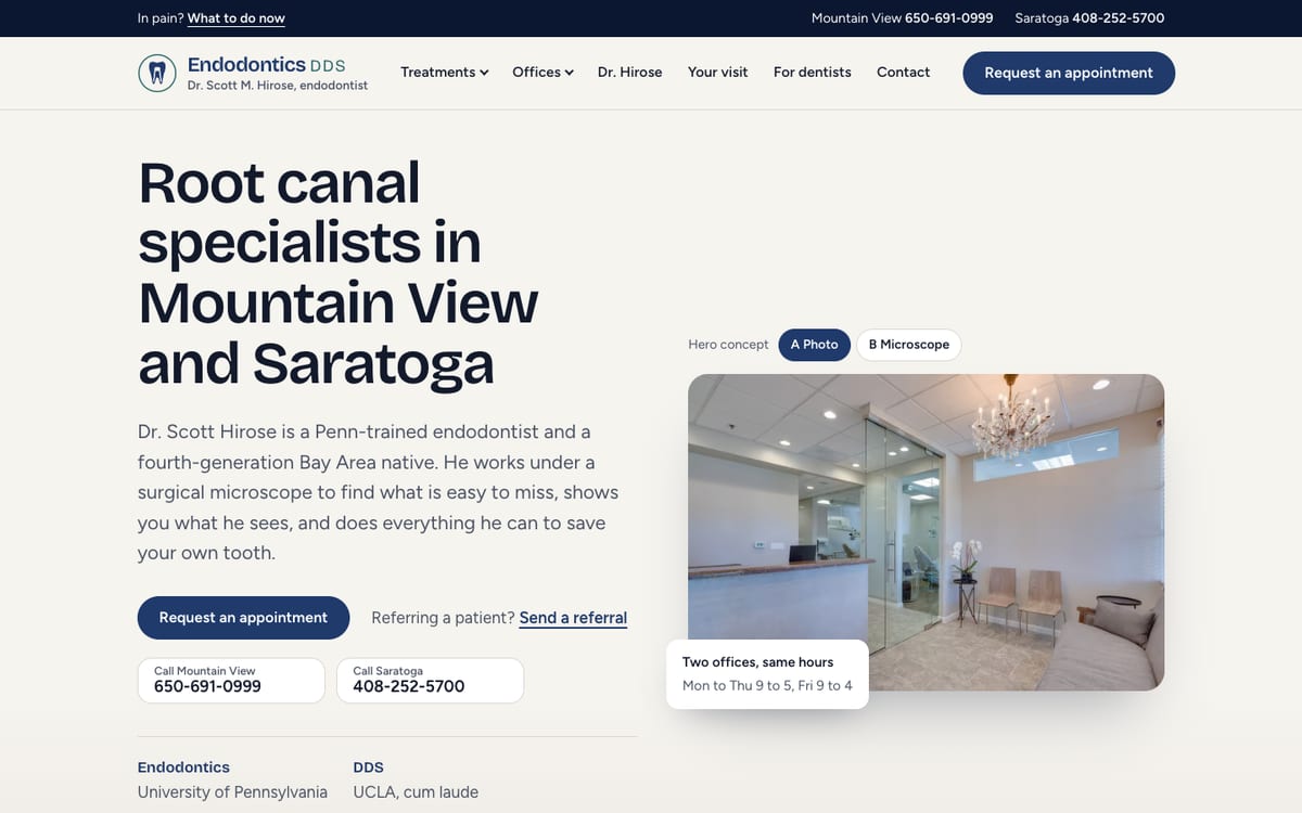 Concept homepage: Root canal specialists in Mountain View and Saratoga, beside the reception photo