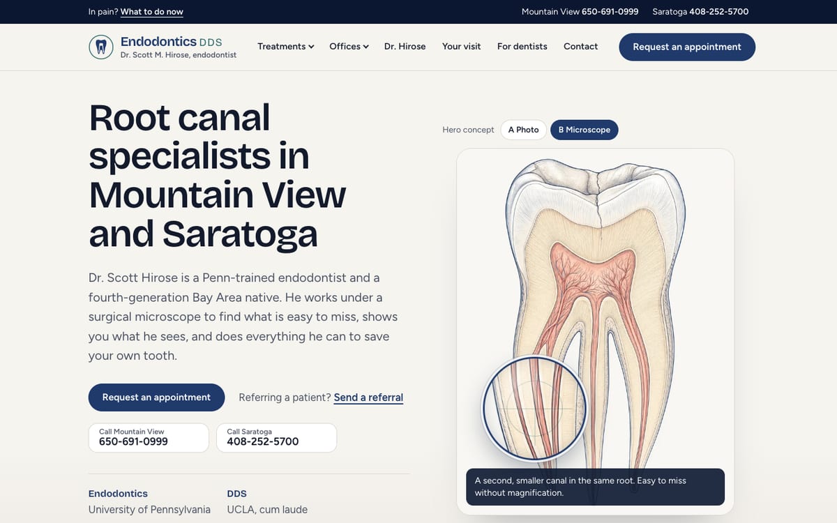 Concept homepage with a hand-drawn molar and a microscope lens magnifying a hidden second canal