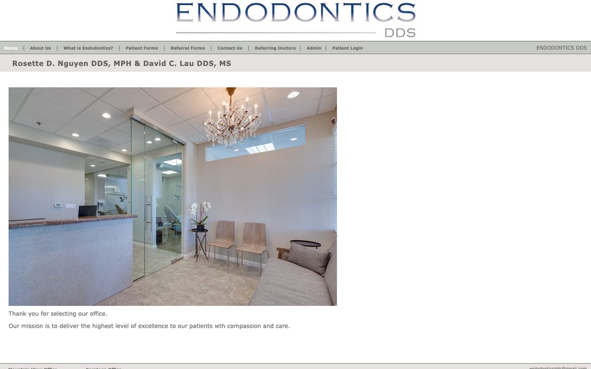 Current homepage: the Endodontics DDS wordmark, a reception photo, and two sentences of text